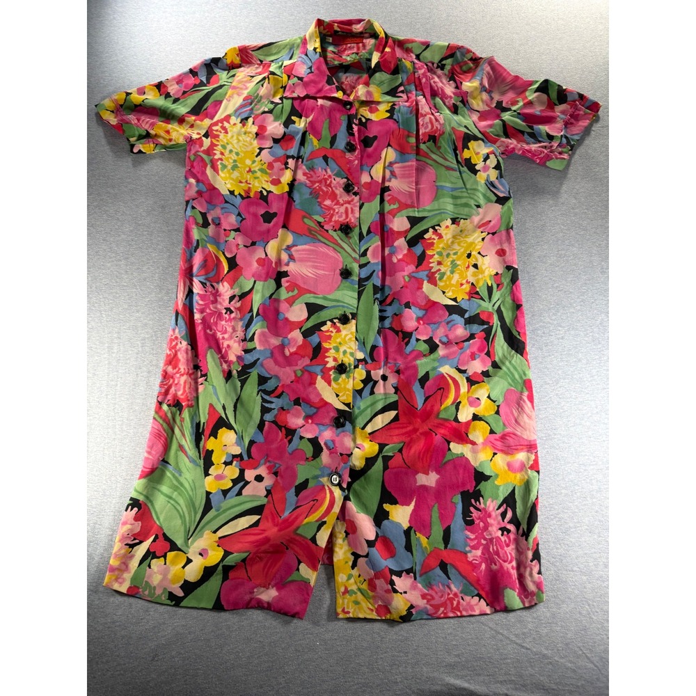 Ungaro Solo Donna Vintage Silk Floral Shirt Dress Made in Italy Pink Multi Sz 8